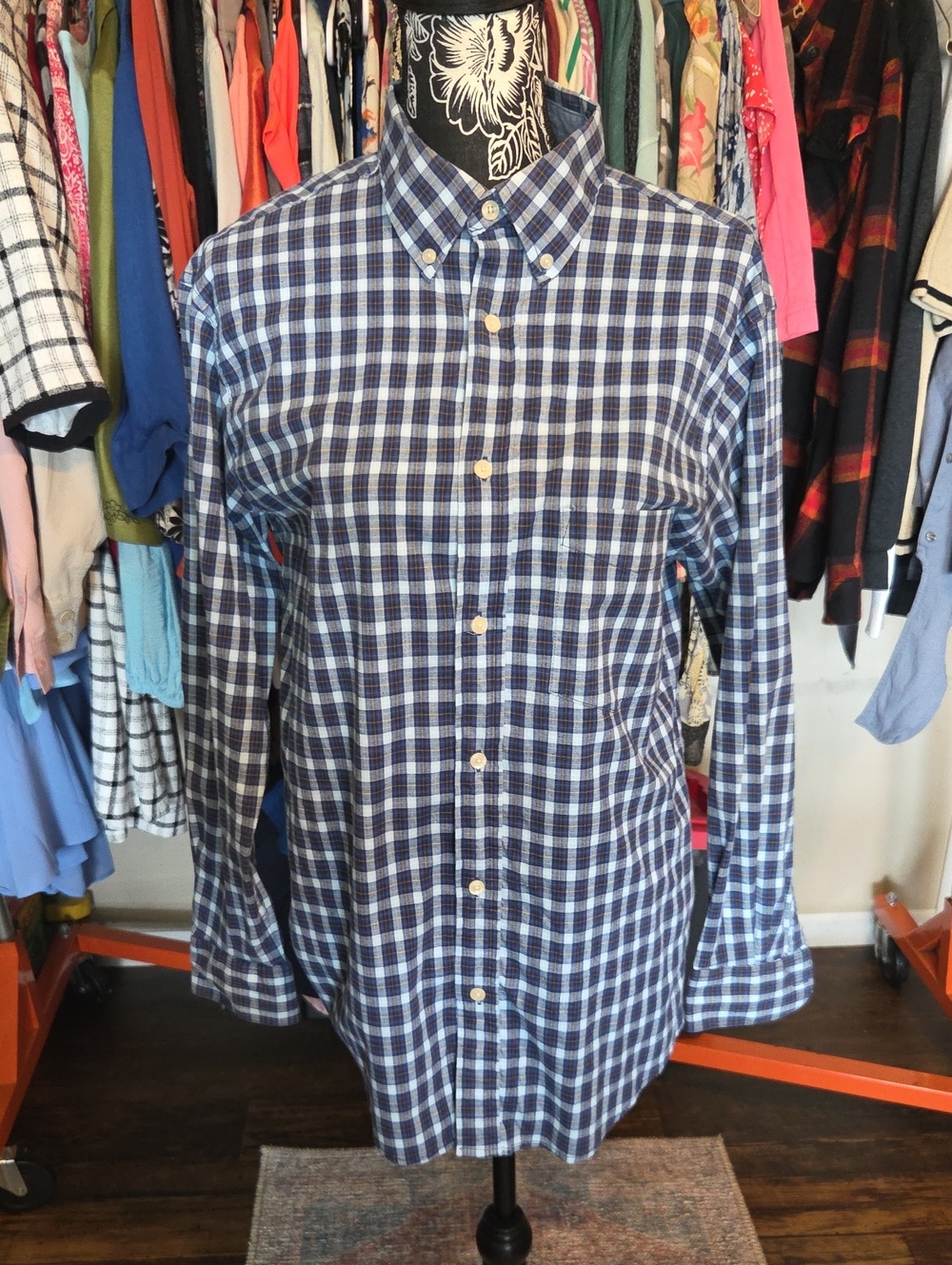Haggar Navy and White Plaid Button-Down Shirt